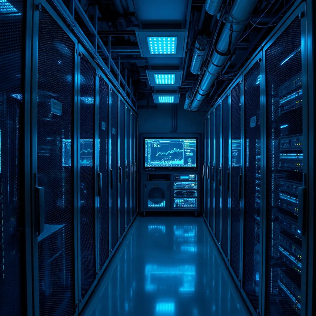 Technical server room with blue LED lights, high-tech data v